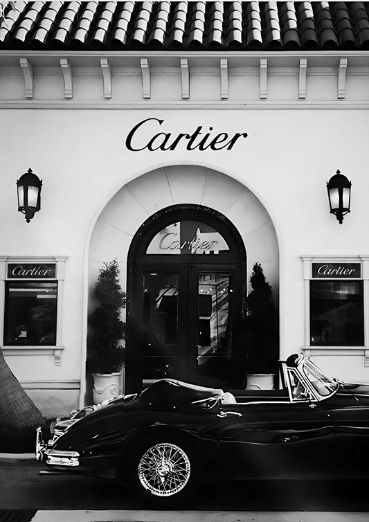 1958 Jaguar XK150 in front of Cartier Boutique