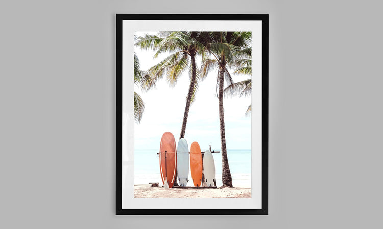 Surfboards resting against Palm Trees, Sri Lanka .